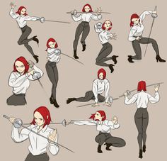 the woman is doing different poses with swords