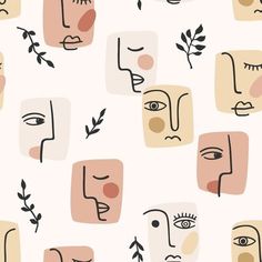 an abstract pattern with faces and leaves on a white background that has pink, beige, and blue colors