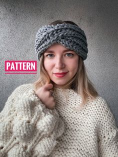 a woman wearing a knitted headband with the word pattern on it in front of her face