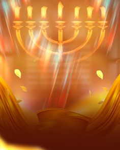 an artistic image of a menorah with candles in the air and lights coming from it