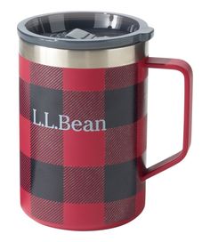 a red and black plaid coffee mug with the word l l bean on it's side