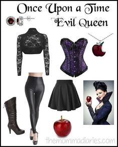 the evil queen costume is shown in black and purple, with an apple on top