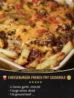 a cheesburger french fry casserole is shown