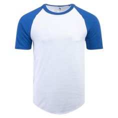 a white and blue t - shirt on a white background