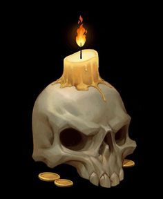 a skull with a lit candle on top of it and some gold coins around it