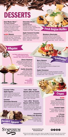 the menu for desserts is shown in pink and purple colors, with different types of chocolate