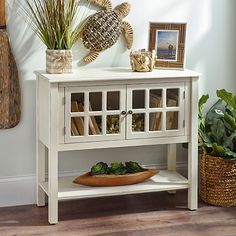 a white shelf with some plants and pictures on it