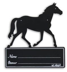 a horse is running on top of a name plate that says,'name owner '