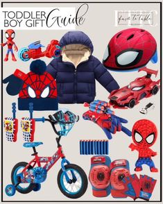 a spiderman costume and other toys are arranged in the shape of a child's bike