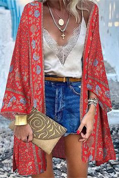 Details: Material: Cotton Style: College Pattern Type: Print Element: Patchwork Neckline: Cardigan Collar Sleeve Style: Batwing Sleeve Sleeve Length: Half Sleeve Clothing Length: Long Closed Type: Cardigan Type: Full Print Size(in) Bust Waist Length Shoulder Width S 45.3 47.2 36.2 19.7 M 47.2 48.8 37 20.5 L 49.2 50.8 37.4 21.7 XL 51.2 52.4 38.2 22.4 2XL 53.1 54.3 38.6 23.6 3XL 55.1 55.9 39.4 24.4 4XL 57.1 57.9 39.8 25.6 5XL 59.1 59.4 40.6 26.4 Tips:Due to the many variations in monitors, the col Floral Kimono Outfit, Kimono Outfit Ideas, Fall Pjs, Beach Skirts, Gilet Kimono, Casual Chique Stijl, Loose Dress Pattern, Style Hippie Chic, Floral Kimono Cardigan