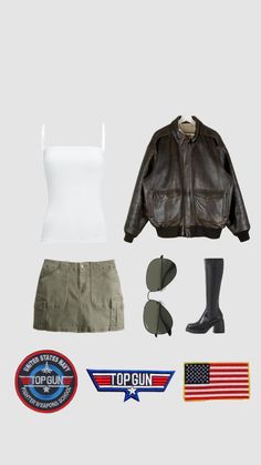 a woman's outfit including boots, jacket and sunglasses