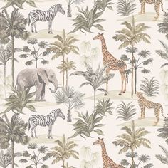 a wallpaper with giraffes, zebras and palm trees