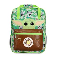 the child's backpack has an image of baby yoda in green and brown