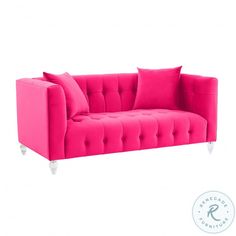 a pink couch with two pillows on the back and one pillow in the middle, against a white background