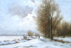 a painting of people walking in the snow