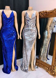 2024 Silver Halter Sequence Side Slit Backless Long Prom Dresses Party Dress With Split For Prom Season, Split Dresses For Prom Season, Split Dresses For Prom Season Party, Party Dresses With Side Slits, Long Party Dress With Side Slits, Fitted Split Gown For Party, Glamorous Party Dress With Split, Fitted Party Dress With Split, Fitted Split Party Dress