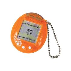 an orange electronic device with a chain attached to it