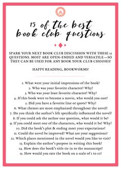 the book club questions page with text