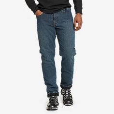 Men's H2low Flex Fleece-lined Jeans | Eddie Bauer Dark Wash Mid-rise Winter Bottoms, Dark Wash Mid-rise Bottoms For Winter, Mid-rise Dark Wash Bottoms For Winter, Denim Bottoms For Outdoor Fall Occasions, Dark Wash Straight Leg Bottoms For Winter, Winter Dark Wash Straight Leg Bottoms, Sporty Straight Leg Jeans For Fall, Straight Leg Bottoms For Outdoor Activities In Fall, Fall Straight Leg Bottoms For Outdoor Activities