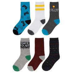 Give his sock drawer a playful refresh with these boys' gaming-themed crew socks. Give his sock drawer a playful refresh with these boys' gaming-themed crew socks. FEATURES Includes 6 pairs of socks Soft knit construction Crew silhouette Fun gaming designFABRIC & CARE Polyester, spandex Machine wash Imported Size: 7-8.5. Gender: male. Age Group: kids. Sock Drawer, 6 Packs, Socks And Hosiery, Fun Games, Soft Knits, Crew Socks, Boy's Clothing, Hosiery, Polyester Spandex