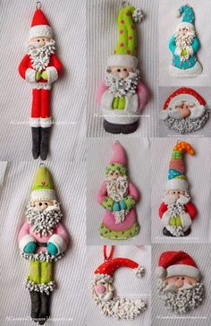 christmas ornaments are arranged in rows on a white surface, including santas and elves