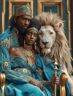 a man and woman dressed in blue sitting next to a white lion