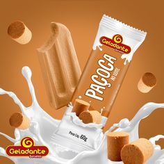 an advertisement for gelatine with milk and cookies falling into the milk splashing out of it