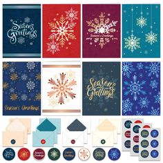 christmas cards and envelopes with snowflakes