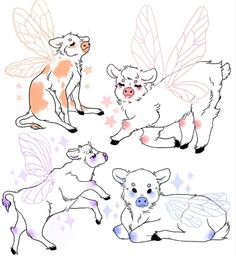 four different types of animals with wings on their backs and legs, all in pastel colors