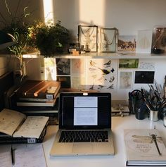 an open laptop computer sitting on top of a white desk next to books and plants