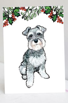 Hand crafted bespoke Miniature Schnauzer Christmas Cards from our custom pet portrait dog illustration greeting card collection! Our Miniature Schnauzer Christmas Card is the perfect way to show loved ones you're thinking of them this holiday season. Wide range of original hand painted pet portraits, birthday cards, greeting cards, and gifts to treat any and every pet person in your life. Click the Link or Shop Now on Etsy.com and pet-portrait-illustration.com! Hand crafted bespoke Miniature Sch Art Drawings Sketches Creative, Portrait Illustration