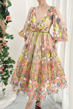 MissJophiel Embroidery Floral V Neck Puff Sleeves Midi Dress Spring V-neck Dress With Multicolor Embroidery, Spring Midi Embroidered Dress With Floral Details, Feminine Floral Embroidery Spring Dress, Spring Feminine Floral Embroidered Dress, Knee-length Floral Embroidered Dress For Spring, Spring Floral Print Embroidered Knee-length Dress, Spring A-line Embroidered Dress With Floral Embroidery, Embroidered A-line Midi Dress For Spring, Spring Embroidered Dress For Garden Party