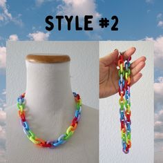 "Pastel rainbow chunky chain choker! Plastic link choker necklace is about 18\" long. The links are about 1/2\" wide. You can shorten it by removing links. New - metal keychain / lobster clasp style hook closure. No more snapping links together to open or close your necklace. Lightweight and super cute! MINI rainbow chain choker necklace available here: https://www.etsy.com/listing/995716391/rainbow-choker-kawaii-mini-plastic-chain GLOW IN THE DARK pastel chain chokers available here: https://ww Trendy Colorful Necklace With Adjustable Chain, Trendy Multicolor Adjustable Chain Necklace, Trendy Colorful Choker Necklace, Cute Multicolor Plastic Necklaces, Trendy Multicolor Necklace With Chunky Chain, Trendy Multicolor Chain Necklace With Chunky Chain, Trendy Multicolor Chunky Chain Necklace, Trendy Chunky Chain Necklace For Everyday, Trendy Chunky Necklace For Everyday Wear