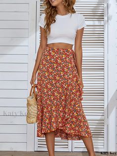 Katykey - Womens Boho Ditsy Floral Print Skirts: Perfect for Vacation, Ruffle Trimmed Beach Summer Wrap Skirts for Fashionable Comfort Non-stretch Maxi Skirt For Spring Vacation, Fitted Summer Wrap Skirt For Vacation, Fitted Wrap Skirt For Summer Vacation, Non-stretch Floral Print Skirt For Vacation, Non-stretch Floral Print Vacation Skirt, Casual Printed Maxi Skirt For Summer, Red Casual Wrap Skirt For Summer, Casual Red Wrap Skirt For Summer, Multicolor Summer Wrap Skirt For Vacation