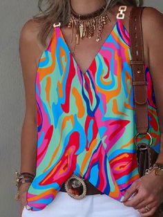 Sleeveless Printed Split-Joint V-Neck Vest Top COLORFUL-L Loose Dress Pattern, Wrap Tank Top, Sleeves Clothing, Weave Style, Women's Wear, Top Fabric, Vest Top, Sleeveless Tank, Top Casual