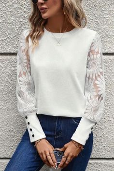 This floral lace splicing elegant T-shirt combines feminine charm with casual sophistication. Featuring a crew neck and long sleeves, it's perfect for layering in spring and fall. The delicate lace accents add a touch of elegance, making it a versatile piece for both everyday wear and special occasions. Intricate Embroidered Long-sleeve Top For Fall, Sequin Holiday Outfit, Elegant Long Sleeve Beige Lace Top, Spring Lace Blouse With 3/4 Sleeves, Spring Lace Top With 3/4 Sleeves, Spring T-shirt With Lace Trim And Crew Neck, Long Sleeve Loose Blouse, Lantern Sleeve Top, Casual Glam