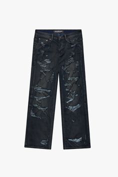 "DISTRESSED" DIRTY DARK BLUE BAGGY DENIM JEAN Tattered Pants, Baggy Tee, Short Weave, Premium Denim Jeans, Baggy Denim, Pants For Men, Hats For Sale, Sweater Set, Clothing Line