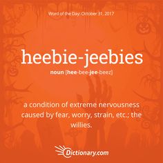 an orange poster with the words heebie jeebies written in white on it