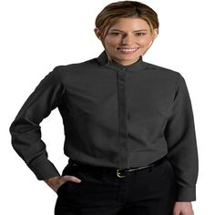 Edwards Garment Women's Banded Collar Long Sleeve Blouse, Style 5392 Size: 2XL.  Color: Gray.  Gender: female.  Age Group: adult. Band Collar Blouse, Banded Collar Shirts, Contemporary Pattern, Polyester Shirt, Blouse Style, Women's Button Down Shirt, Womens Long Sleeve Shirts, Band Collar, Collar Shirt