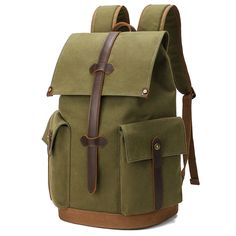 Wear-resistant Canvas Backpack Travel Computer Bag - Woosir Green Travel Bag With Multiple Pockets, Outdoor Laptop Backpack, Canvas Backpack With Multiple Pockets For Everyday Use, Canvas Backpack With Multiple Pockets, Everyday Canvas Backpack With Multiple Pockets, Khaki Softback Backpack For Travel, Casual Outdoor Backpack With Pockets, Casual Leather Backpack With Flap For Travel, Everyday Laptop Bag With Pockets