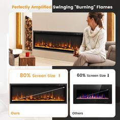 a woman sitting on a couch in front of a fireplace with the words, perfectly ampliting burning flames 80 % screen size