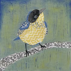 a painting of a bird on a branch with blue, yellow and white colors in the background