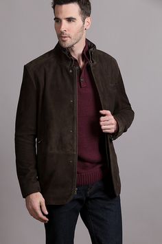 Navigate winter in blazer mode. Our vintage style goat suede jacket is tailored with a back vent, 3-button accents at the cuffs, and a relaxed look. Mens Business Casual Outfits, Mens Business, Suede Leather Jacket, Leather Blazer Jacket, Men's Jackets, Business Casual Men, Shearling Coat, Men's Wear, A Stand