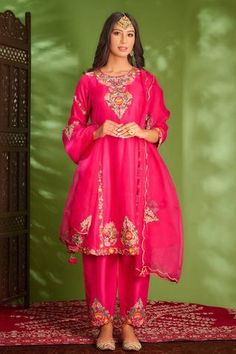 Shop for Aman Takyar Pink Dupion Silk Anarkali Set for Women Online at Aza Fashions Nikah Dress, Silk Anarkali, Embroidered Pants, Dupion Silk, Boutique Dress Designs, Fancy Dress Design, Indian Fashion Designers, Indian Designer Outfits, Bride Clothes