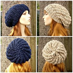 four pictures of different hats on top of each other, one is wearing a hat and the other has a beanie