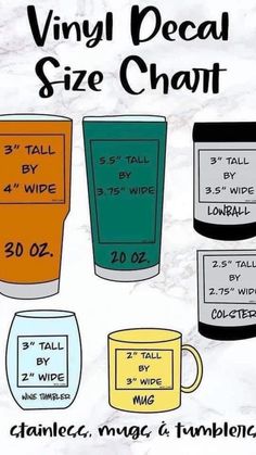 an image of vinyl decal size chart for coffee mugs and teacups