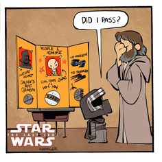 a star wars cartoon with an old man talking on the phone and looking into a box