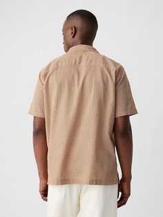 Smooth linen blend. Short sleeves. Notch spread collar, button front. Slits at hem. Select styles have allover print or stripes. #878722 Linen Blend, Button Down Shirt, Short Sleeves, Stripes, Collar