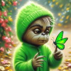 a painting of a monkey with a green hoodie and butterfly on it's finger