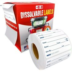 a roll of disposable labels in front of a box